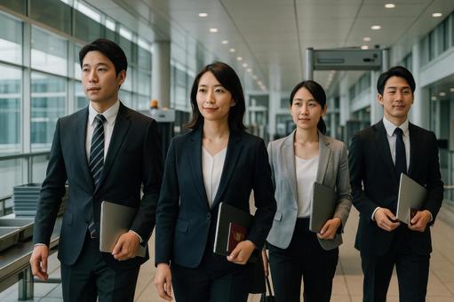保安検査場を通過したあとのビジネスチーム 保安検査場を通過したあとのビジネスチームの写真