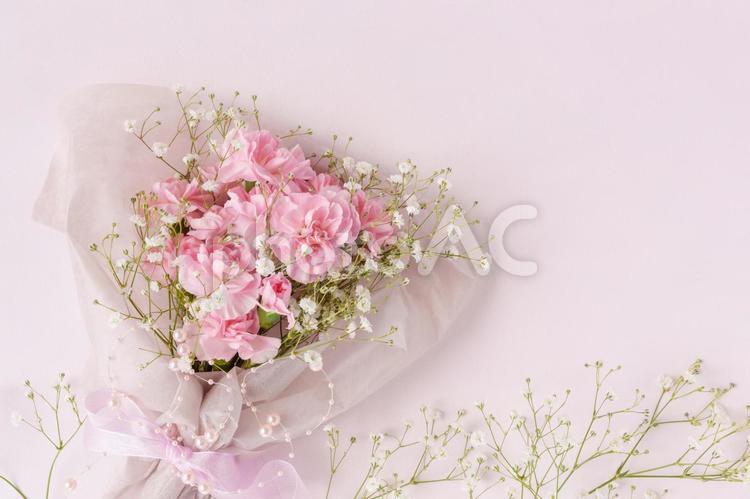 ピンクのカーネーションとカスミソウの花束 カーネーション,花束,母の日の写真素材