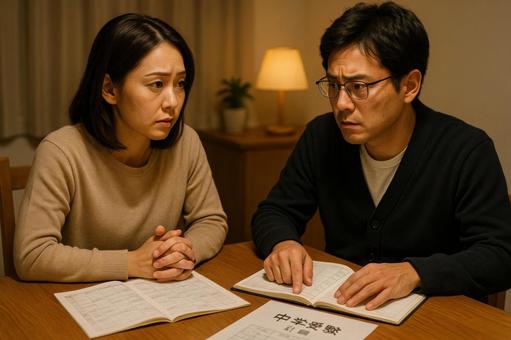 中学受験の計画を話す両親 中学受験の計画を話す両親の写真