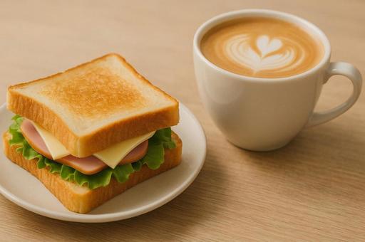 サンドイッチとカフェラテの朝食シーン サンドイッチとカフェラテの朝食シーンの写真