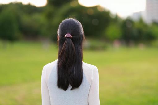 野原に立つロングヘアの女性の後ろ姿 女性,ハーフアップ,後ろ姿の写真素材
