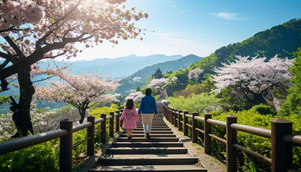 階段を登る日本人家族 階段を登る日本人家族の写真