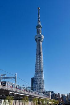 東京スカイツリーと電車 東京スカイツリー,電車,町並みの写真素材