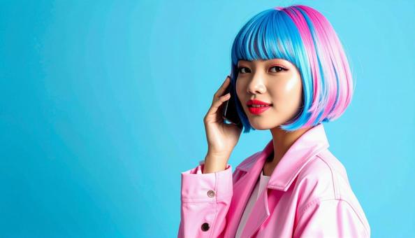 携帯電話で会話する個性的な女性 携帯電話で会話する個性的な女性の写真