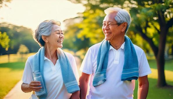 Senior couple taking a break and rehydrating after exercise, park, sweat, senior, JPG