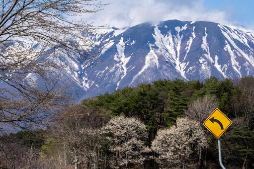 道路標識と春の岩手山 道路標識と春の岩手山の写真
