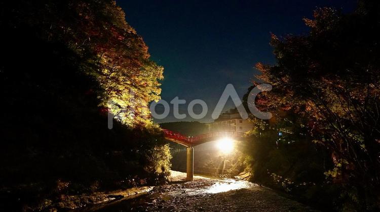 千葉県養老渓谷　紅葉時期の夜の観音橋 紅葉,観音橋,養老渓谷の写真素材