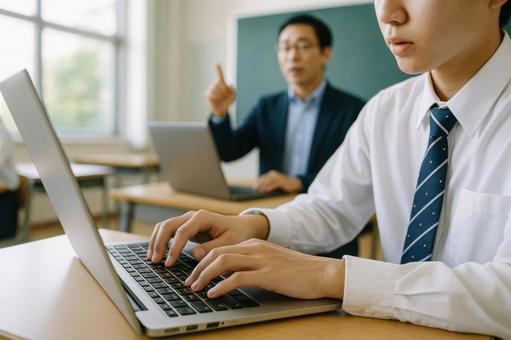 授業中にノートパソコンで学ぶ小学生の手元 授業中にノートパソコンで学ぶ小学生の手元の写真