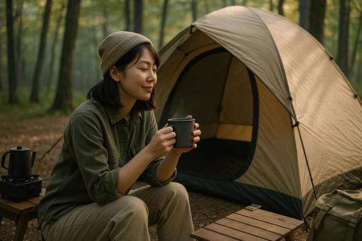 テント前でコーヒーを楽しむ女性 テント前でコーヒーを楽しむ女性の写真