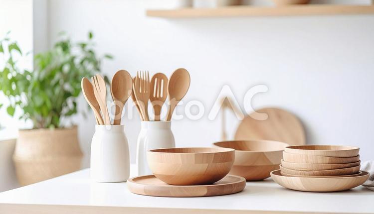 木のぬくもりの食器やカトラリー ボール,木製,木の写真素材