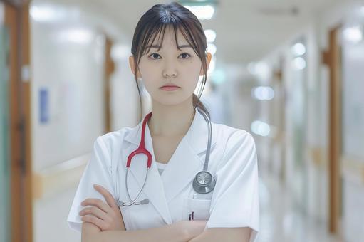 腕を組み困った表情を見せる日本人女性医師 腕を組み困った表情を見せる日本人女性医師の写真