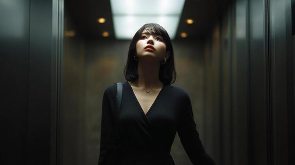 エレベーターの中の女性 エレベーターの中の女性の写真