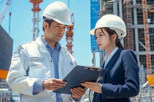 建築現場で会話する男性作業員と女性会社員 建築現場で会話する男性作業員と女性会社員の写真