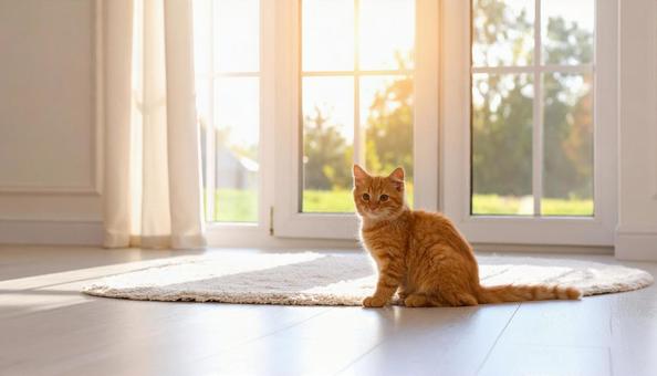 ナチュラルで清潔感のある部屋にいる猫 ナチュラルで清潔感のある部屋にいる猫の写真