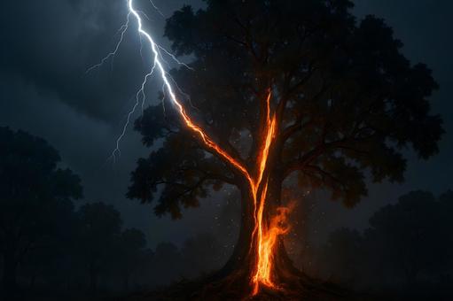 稲妻が裂く大樹の写真