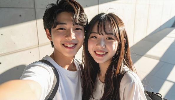 自撮りするカップルの写真