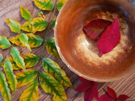 茶碗に赤い葉2 茶碗,和食器,落葉の写真素材