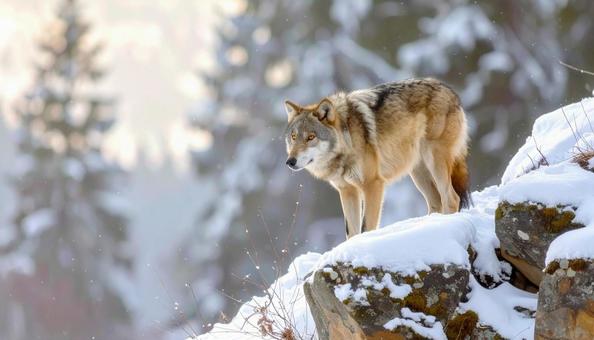 雪の中の狼 崖の上 冬のイメージ 雪の中の狼 崖の上 冬のイメージの写真