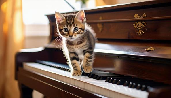 ピアノの上を歩くいたずら好きな子猫 ピアノの上を歩くいたずら好きな子猫の写真