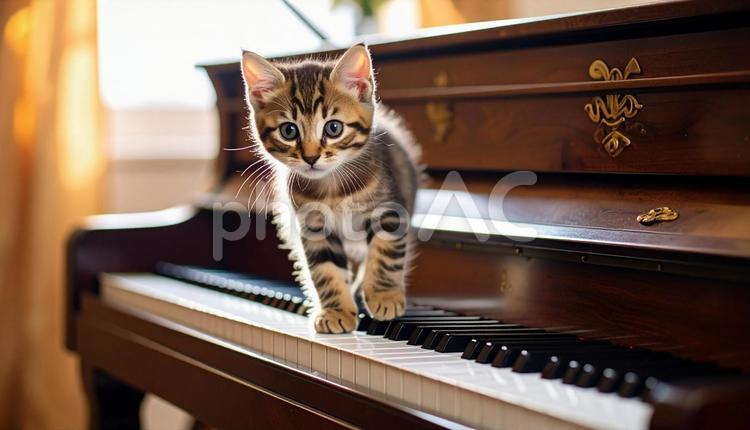 ピアノの上を歩くいたずら好きな子猫 ピアノ,子ネコ,いたずらの写真素材
