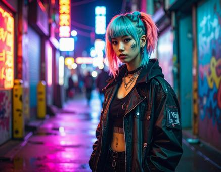 推しのサイバーパンクに染まる女性 推しのサイバーパンクに染まる女性 押し活,サブカルチャー,サイバーパンクの写真素材