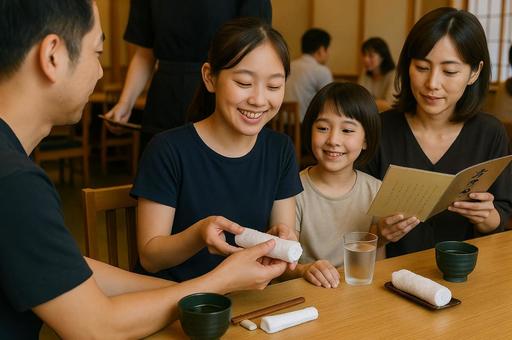おしぼりを手渡したり、メニューを見たり おしぼりを手渡したり、メニューを見たりの写真