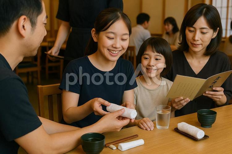 おしぼりを手渡したり、メニューを見たり 家族,親子,母娘の写真素材