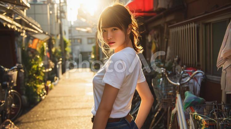 路地に立つTシャツとショートパンツの女性 夏,女性,路地の写真素材