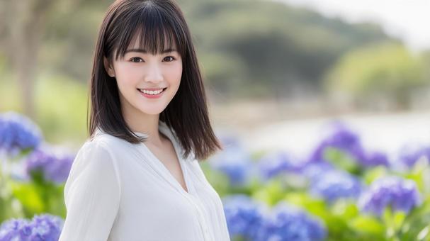 アジサイを背景に笑顔の女性 アジサイを背景に笑顔の女性の写真