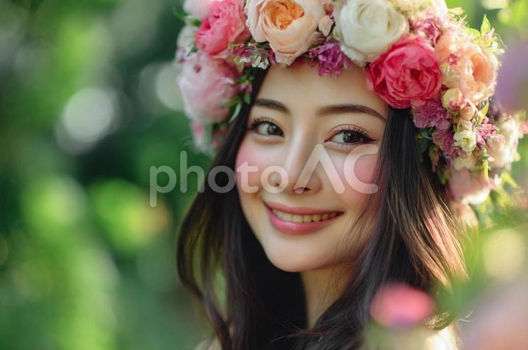 花冠の美しい女性の明るい笑顔・美容・癒し 花冠,女性,美容の写真素材