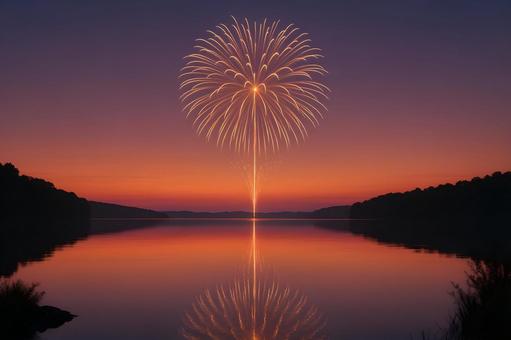 湖畔に咲く夕焼け花火 湖畔に咲く夕焼け花火の写真