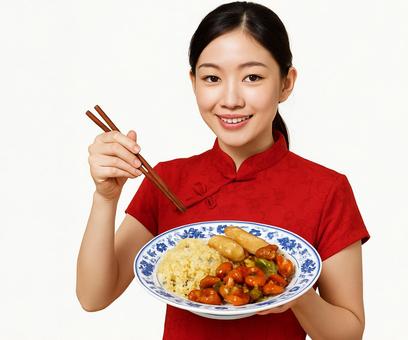 食欲をそそる中華料理と笑顔の女性 食欲をそそる中華料理と笑顔の女性の写真
