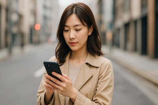 街角でスマホを見る女性 街角でスマホを見る女性の写真