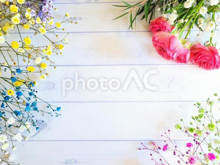 ピンクのバラと色とりどりのかすみ草 花,母の日,誕生日の写真素材