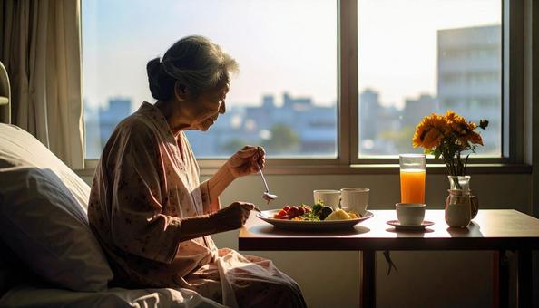 座って食事をするシニア女性の患者 座って食事をするシニア女性の患者の写真