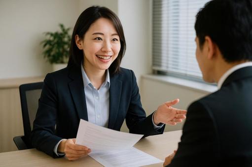 商談する女性営業職 商談する女性営業職の写真