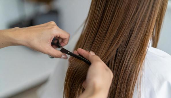 ロングヘアの女性の髪をカットする美容師 ロングヘアの女性の髪をカットする美容師の写真