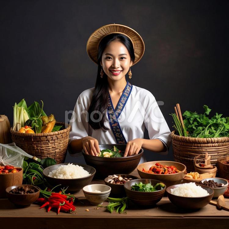 料理 女性,主婦,エプロンの写真素材