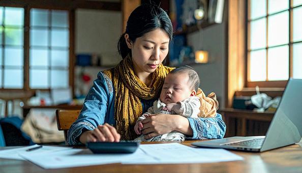 教育費 眠る日本人の赤ちゃんと電卓 教育費 眠る日本人の赤ちゃんと電卓の写真