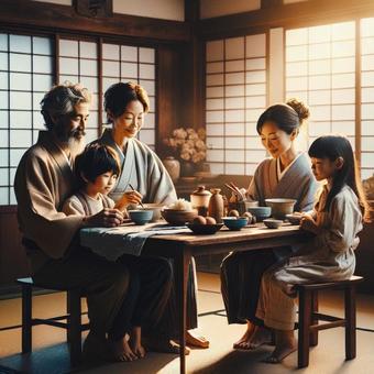 和やかな雰囲気の家族の食事 和やかな雰囲気の家族の食事の写真