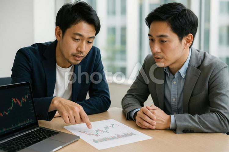 グラフを指差し議論する投資家たち 投資家,議論,グラフの写真素材