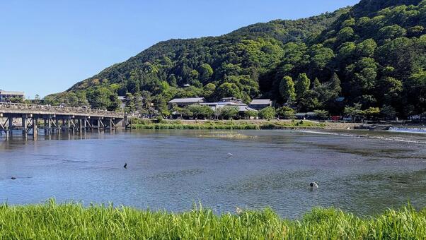 嵐山の穏やかな川景色 桂川,一ノ井堰,​渡月橋の写真素材