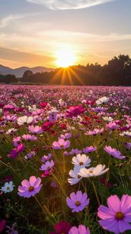 秋のコスモス畑 夕暮れ 秋のコスモス畑 夕暮れの写真