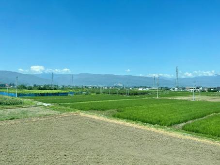 夏の信州、青空と田園風景 長野,信州,日本の写真素材