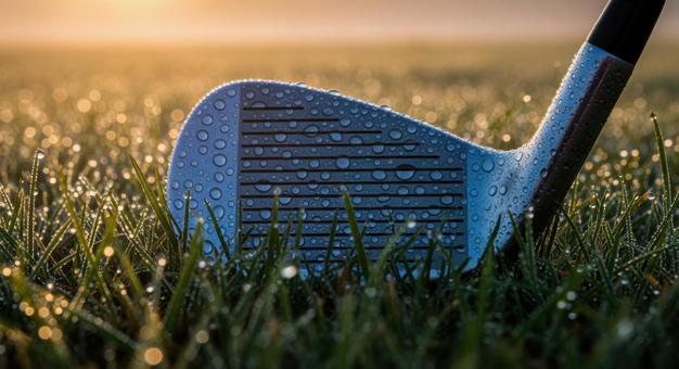 朝露に濡れたゴルフクラブのフェース の写真