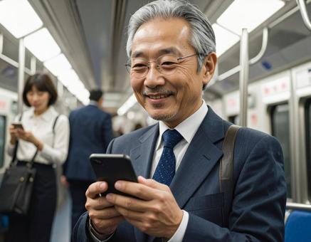 ビジネスシーン・地下鉄出張、スマホを見る ビジネスシーン・地下鉄出張、スマホを見るの写真
