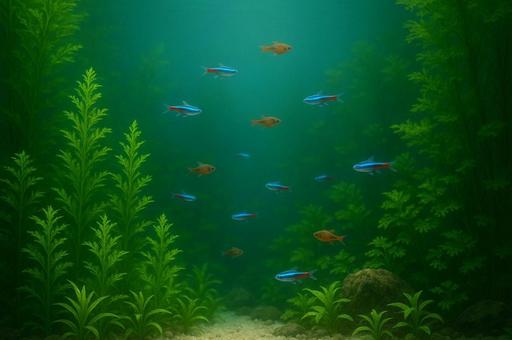 水草の生える水槽の中を泳ぐ熱帯魚 水草の生える水槽の中を泳ぐ熱帯魚の写真