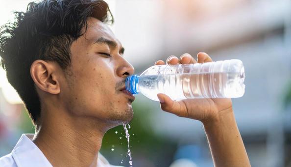 ペットボトルの水を飲む男性 ペットボトルの水を飲む男性の写真