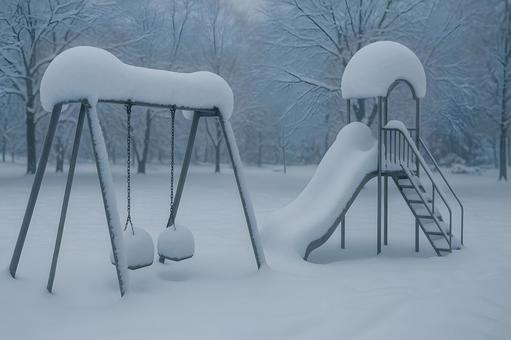雪化粧の公園遊具 雪化粧の公園遊具の写真