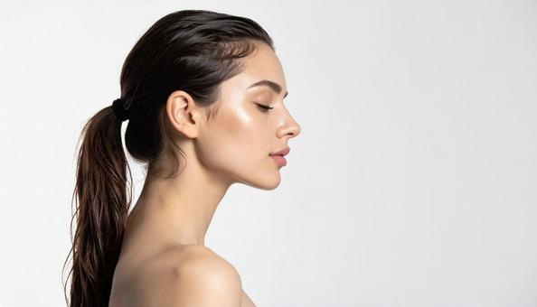 ポニーテールの透明感のある横顔女性 ポニーテールの透明感のある横顔女性の写真